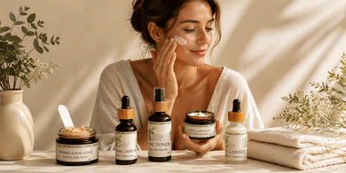 Woman applying cream to her face with skincare products on a table.